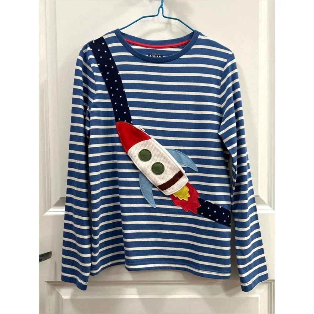 Mini Boden Novelty Bag T-Shirt Delft Ivory Stripe Long-Sleeve Top Size 11-12 yrs
